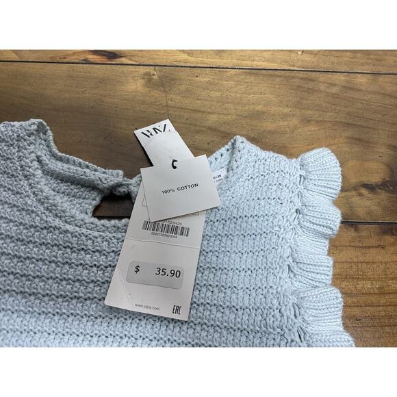 Zara Blue Knit Ruffle Sleeve Crochet Top Medium NWT - Picture 6 of 11
